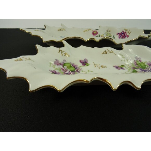 Vintage Dresden Style Leaf Dish Lot of 2 Hand Painted Floral Flowers Gold Trim - Picture 8 of 16